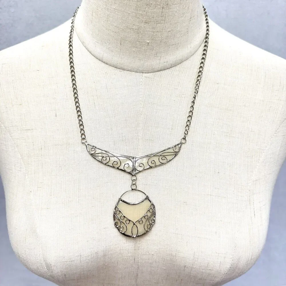 FairTrade Handcrafted Silver Scroll Metal Necklace With Abalone Shell Insert‎